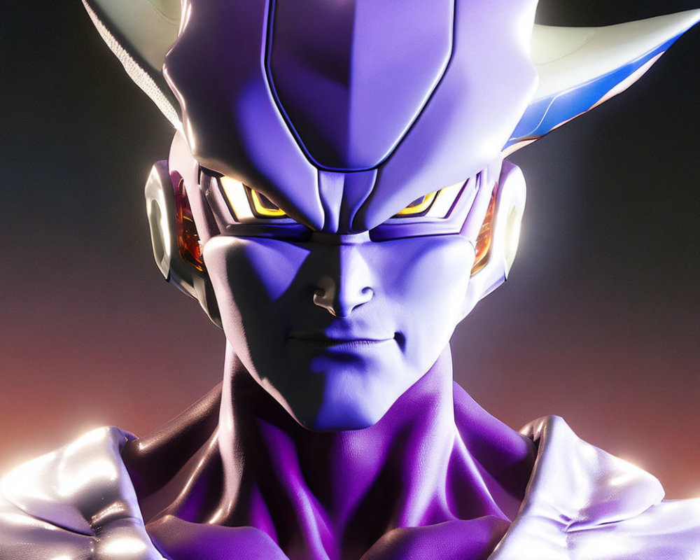 Purple-skinned 3D-rendered character in white armor with glowing orange eyes