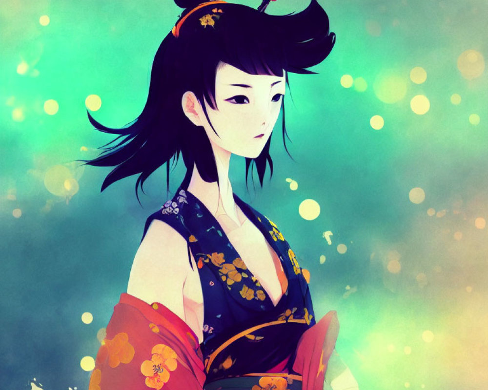 Illustrated Female Character in Traditional Japanese Attire on Teal Background