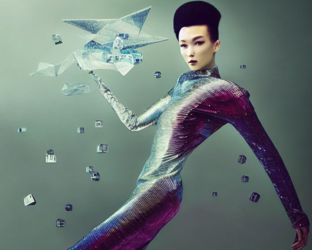 Futuristic woman in metallic dress with origami bird on green background