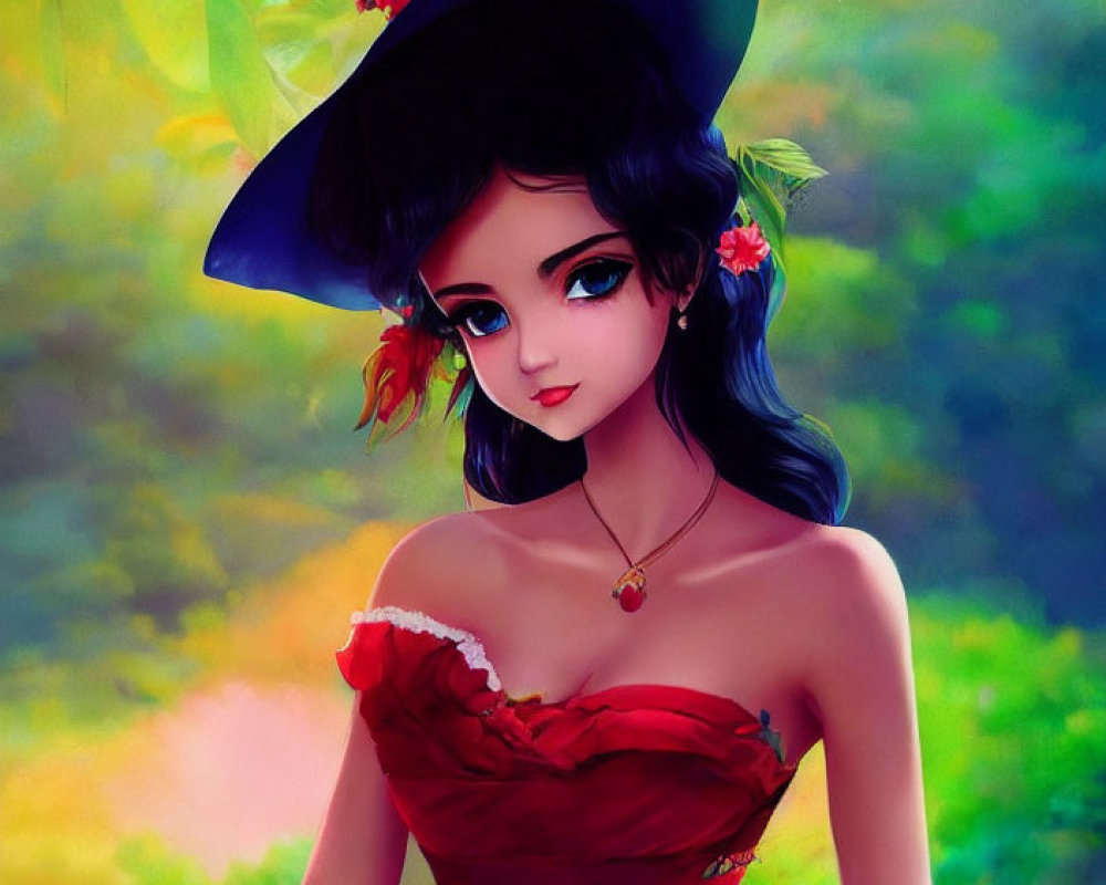 Illustrated character with blue eyes and dark hair in red dress and blue hat in colorful natural scene