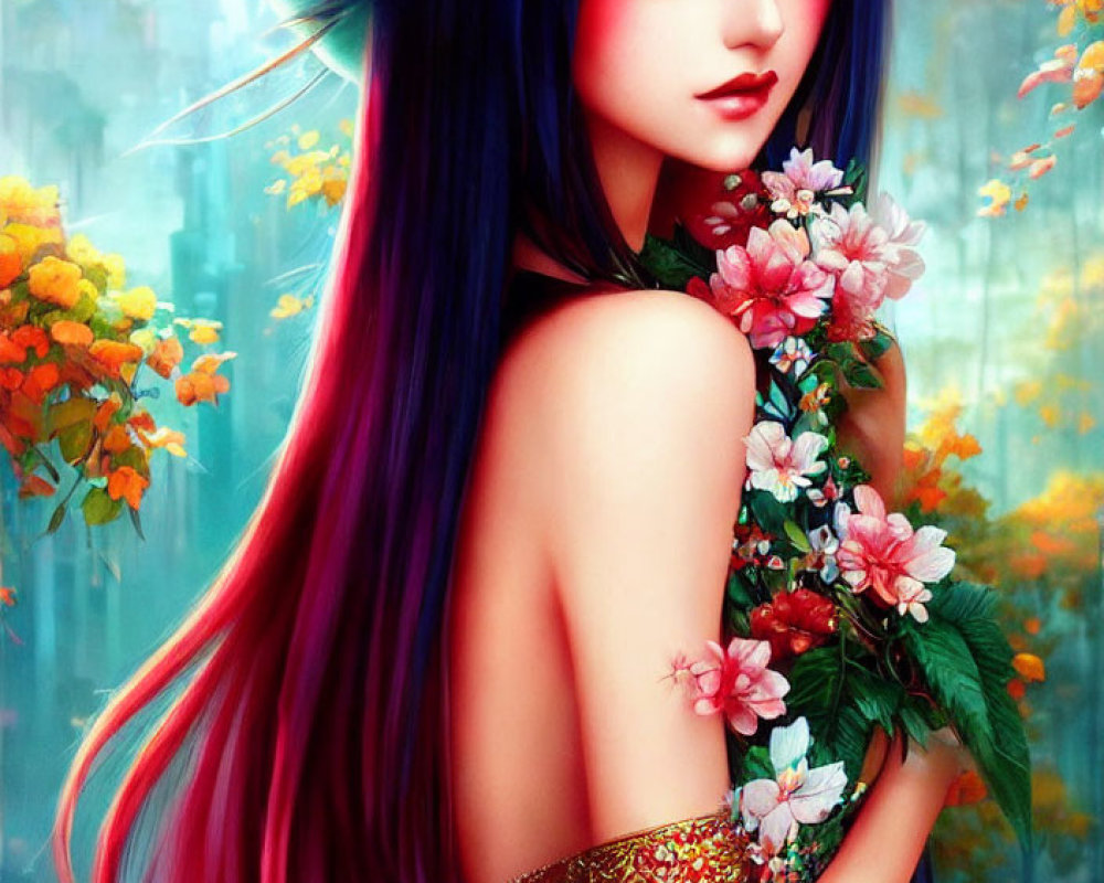 Colorful illustration of woman with blue and pink hair holding flowers against floral fantasy backdrop