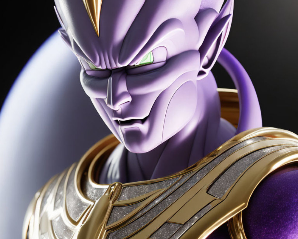 Purple-skinned animated character in golden and white armor with stern expression