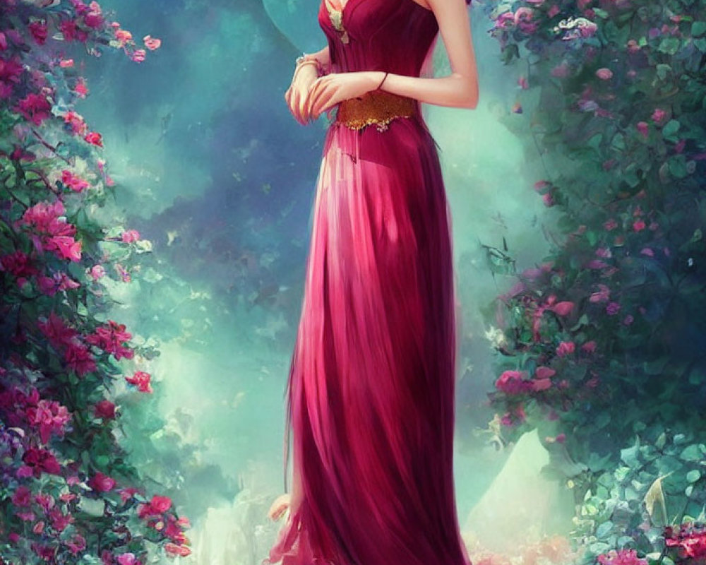 Ethereal woman with red hair in burgundy dress surrounded by nature and cityscape