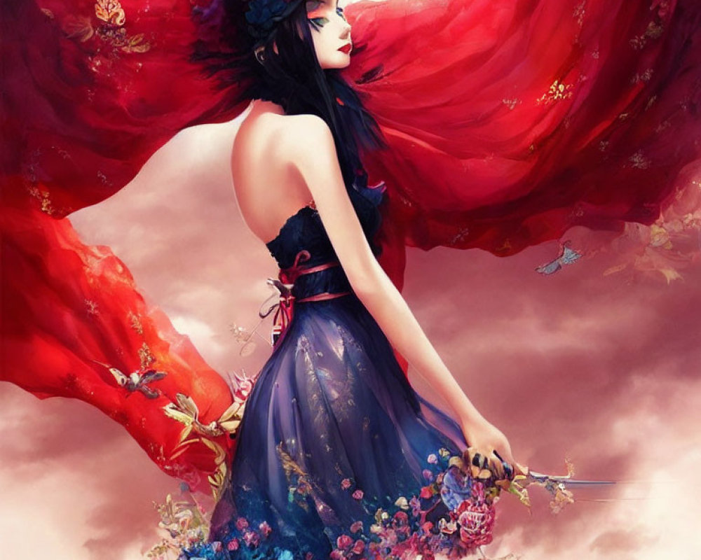 Illustration of woman in red cape and blue dress with flowers and butterflies