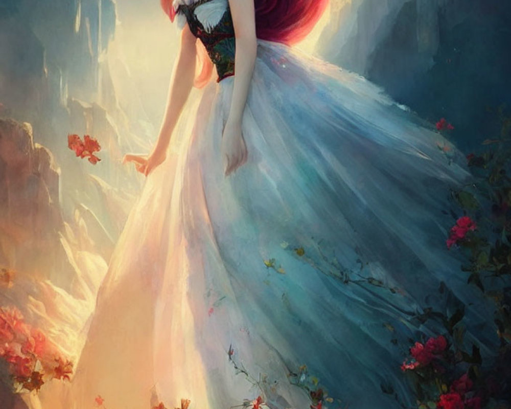 Fantasy Artwork: Woman with Red Hair in Pastel Gown in Mystical Forest