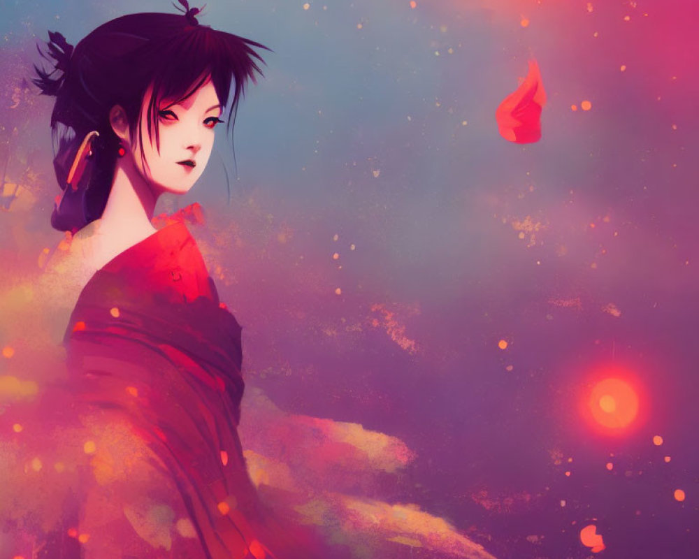 Stylized woman with black hair in red dress on pink and blue dreamy background