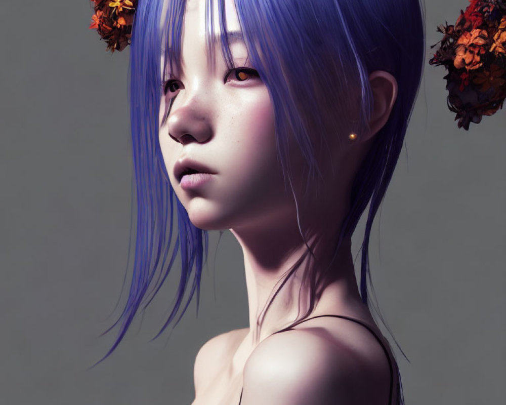 Digital artwork: Girl with Blue Hair & Floral Adornments