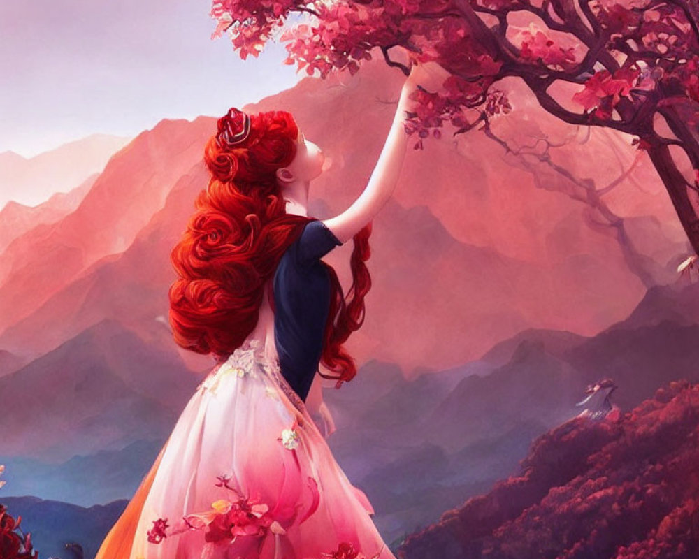 Red-haired woman in pink gown near blossoming tree in mountainous dusk scene