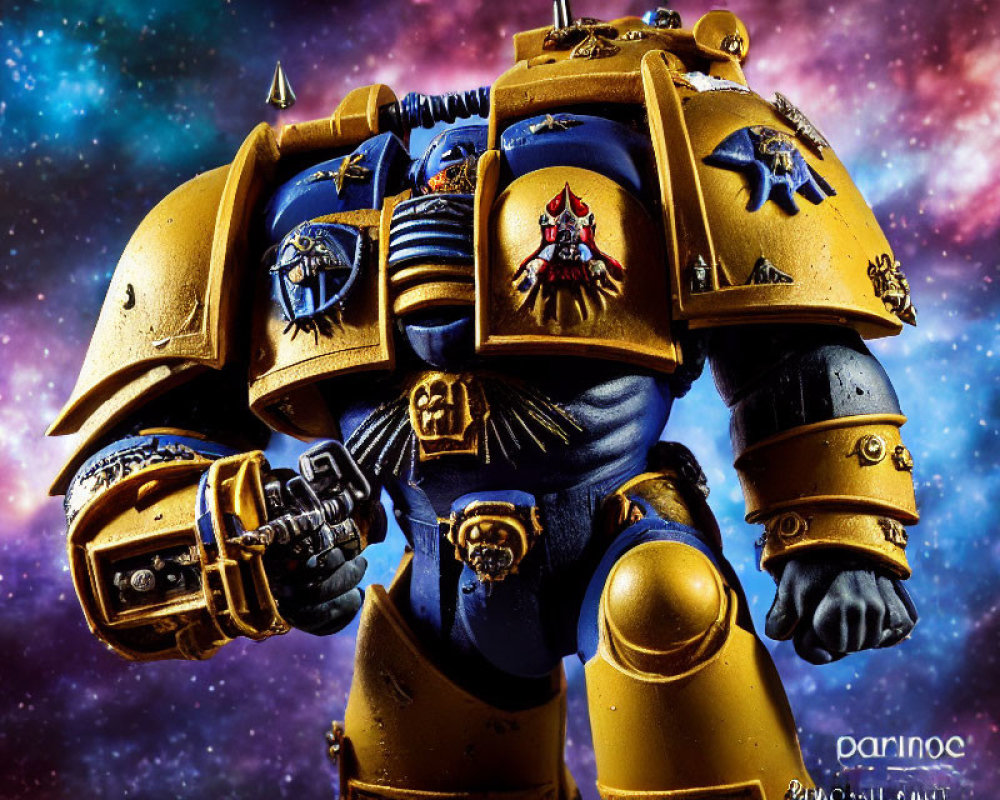 Detailed Warhammer 40K Space Marine Figurine in Blue and Gold Armor on Cosmic Background