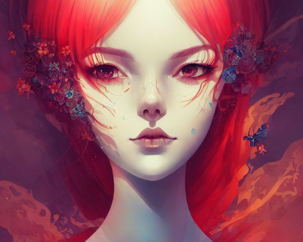 Colorful portrait of a female character with red hair and floral accents