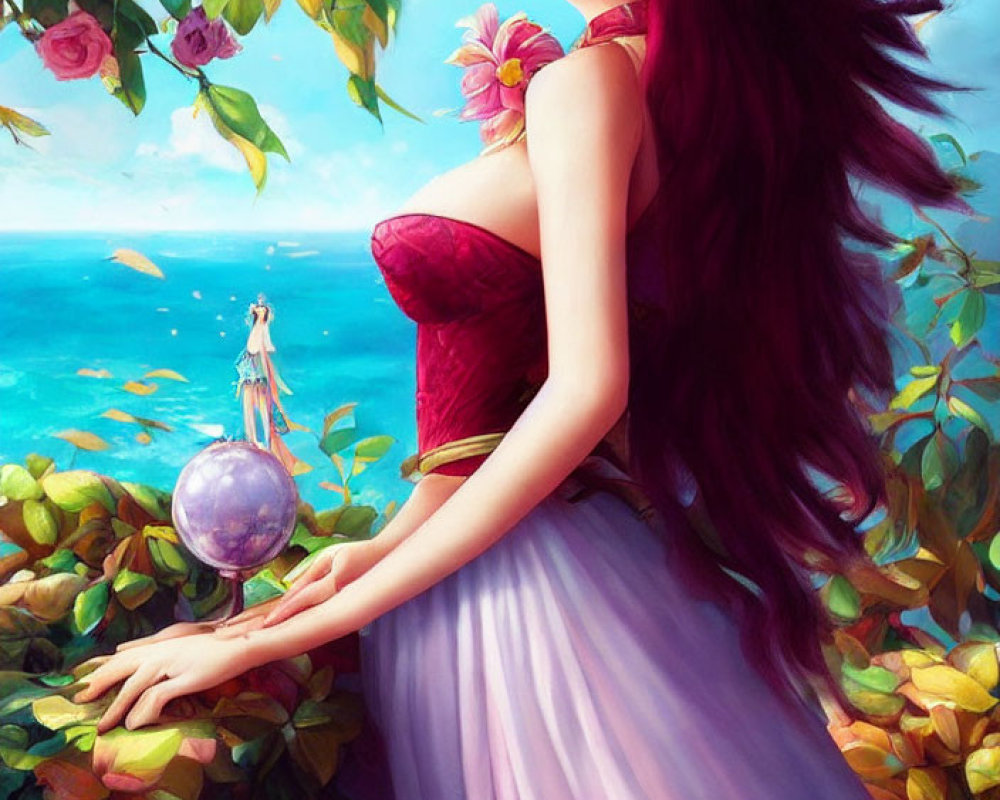 Illustration of female character with pink hair and purple dress on balcony overlooking ocean with crystal ball