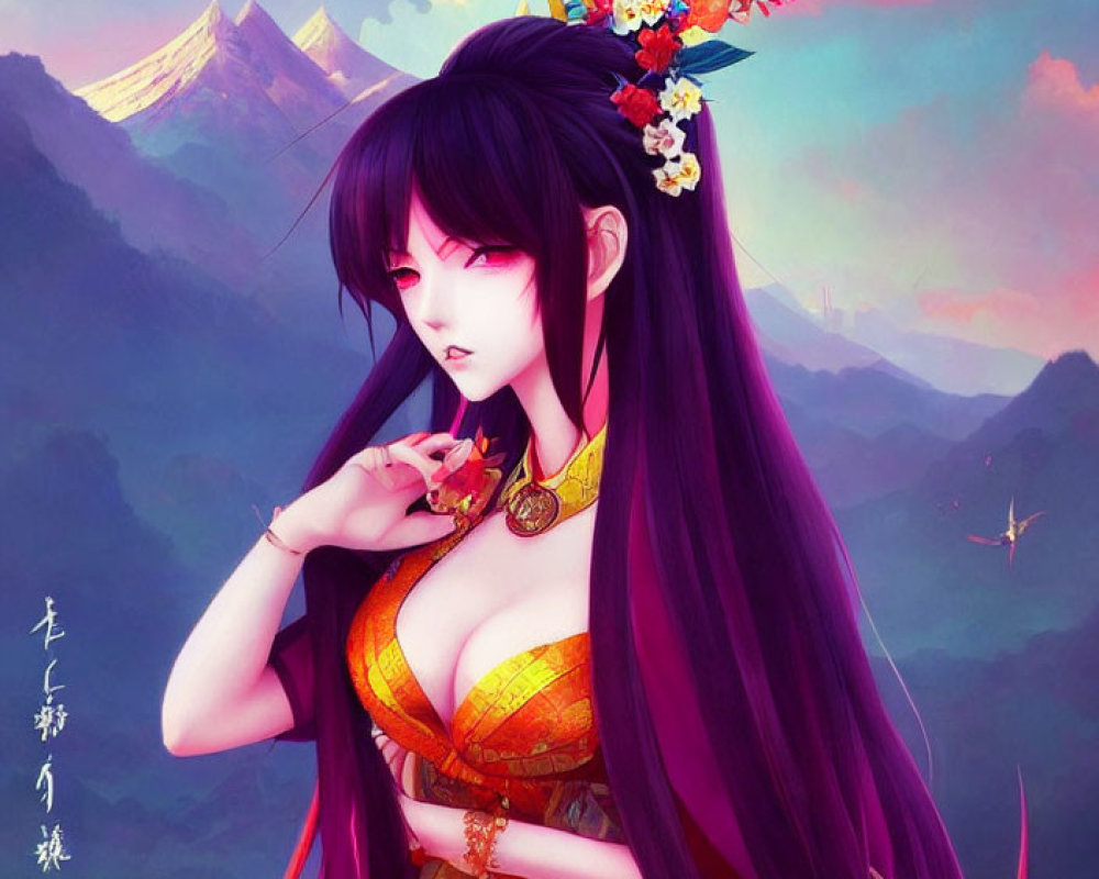 Illustrated female character with long purple hair in traditional attire against mountainous landscape.