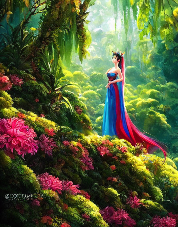 Woman in Blue and Red Dress in Vibrant Forest