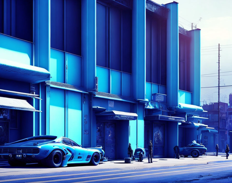 Blue-toned futuristic street scene with old-style sports car and modern elements, people walking, clear sky