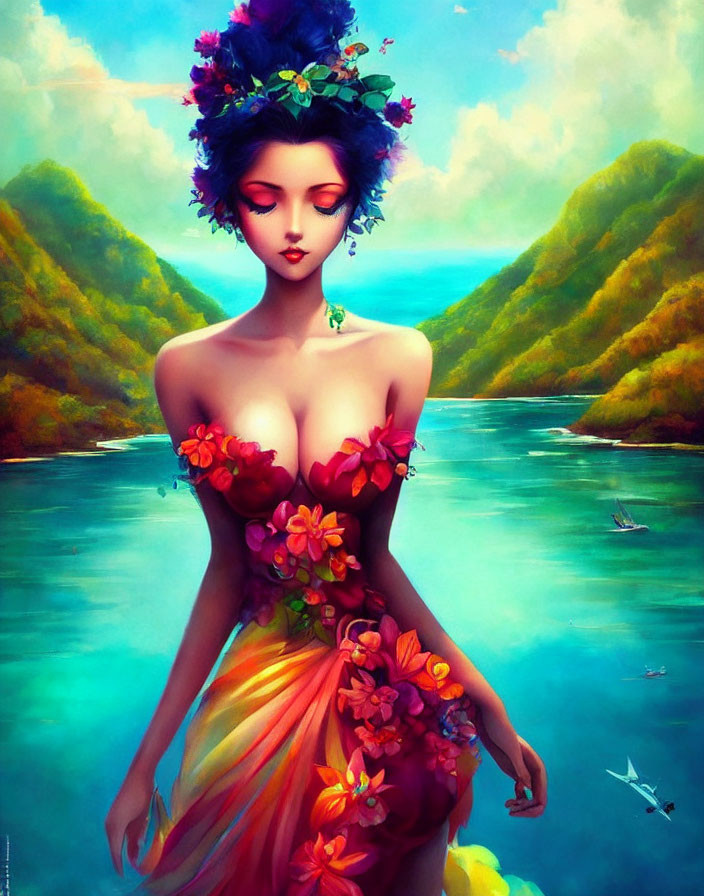 Colorful Woman with Flower Dress by Blue Water and Green Hills