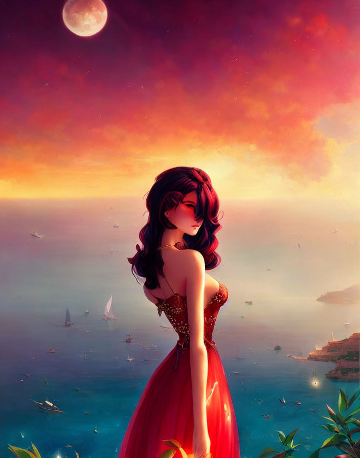 Woman in Red Dress by Serene Sea at Sunset with Moon