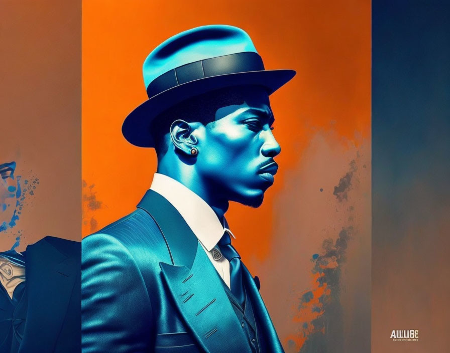 Stylized digital artwork of man in blue suit on split orange and blue textured background