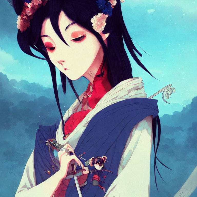 Anime-style illustration of a pale-skinned woman with black hair, holding a Japanese sword, surrounded by