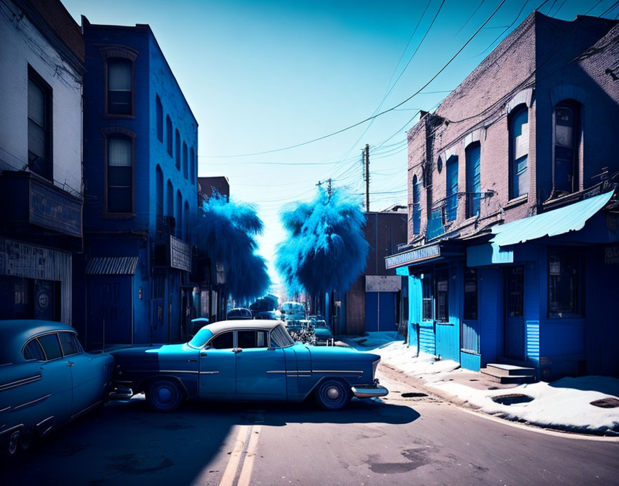 Vintage Blue Car Parked on Deserted Street with Blue-Toned Buildings