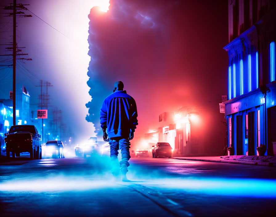 Person walking on neon-lit street at night with dramatic lighting