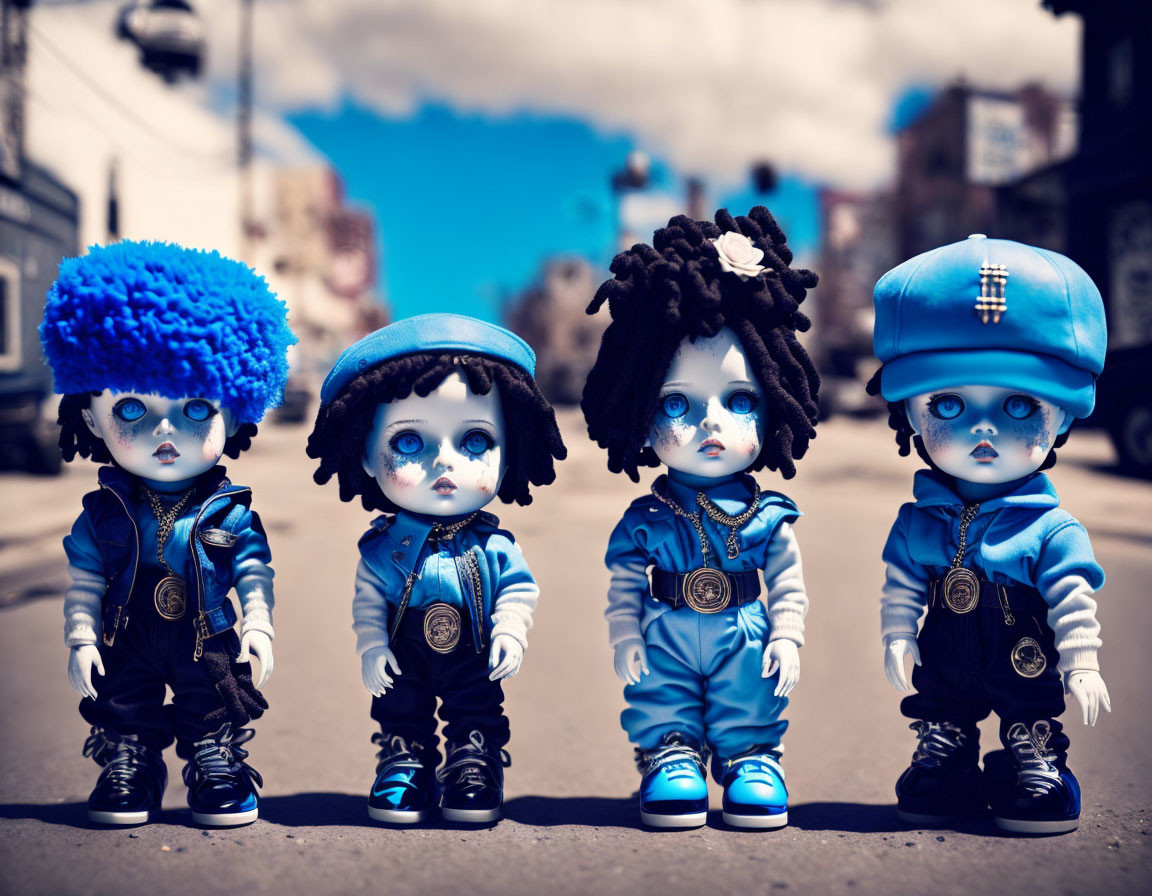 Stylized dolls in blue urban outfits under a vivid sky