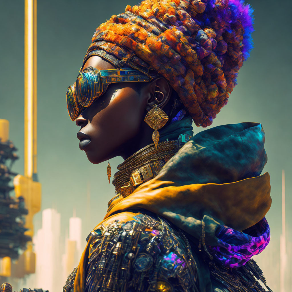 Futuristic attire with stylish goggles and vibrant headwrap in front of imaginative cityscape