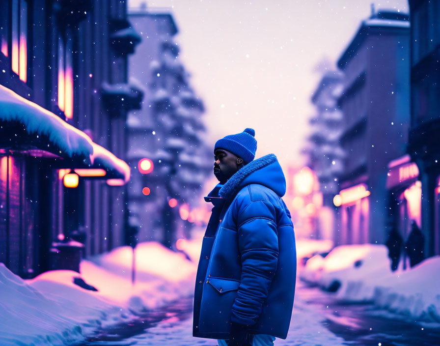 Person in Blue Winter Jacket on Snowy Street at Dusk