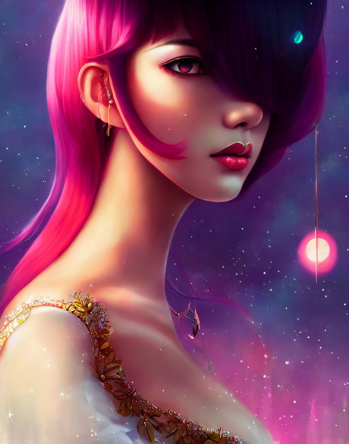 Digital Artwork: Woman with Pink Hair in Cosmic Space Theme