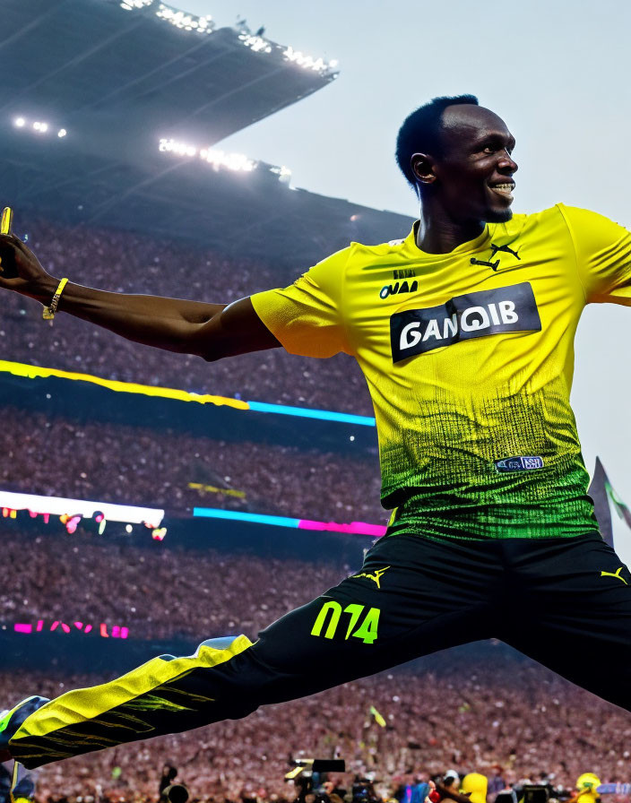 Athlete in Yellow and Black Jersey Celebrates Victory on Track