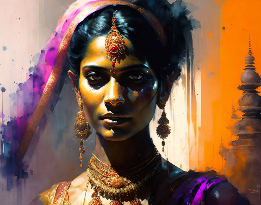 Colorful digital painting of woman in traditional Indian attire