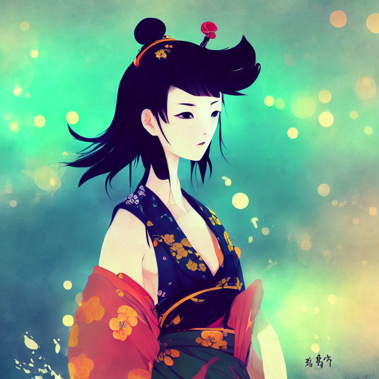 Illustrated Female Character in Traditional Japanese Attire on Teal Background