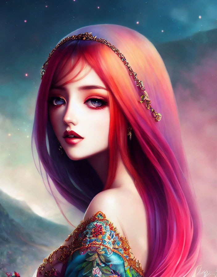 Vibrant pink and purple-haired woman in cosmic setting