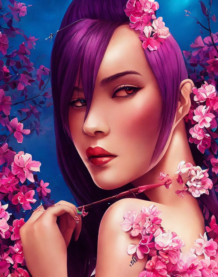 Vibrant purple hair person surrounded by pink blossoms