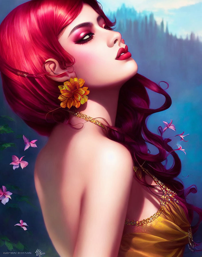 Vibrant pink-haired woman with gold earring in yellow dress against forest backdrop