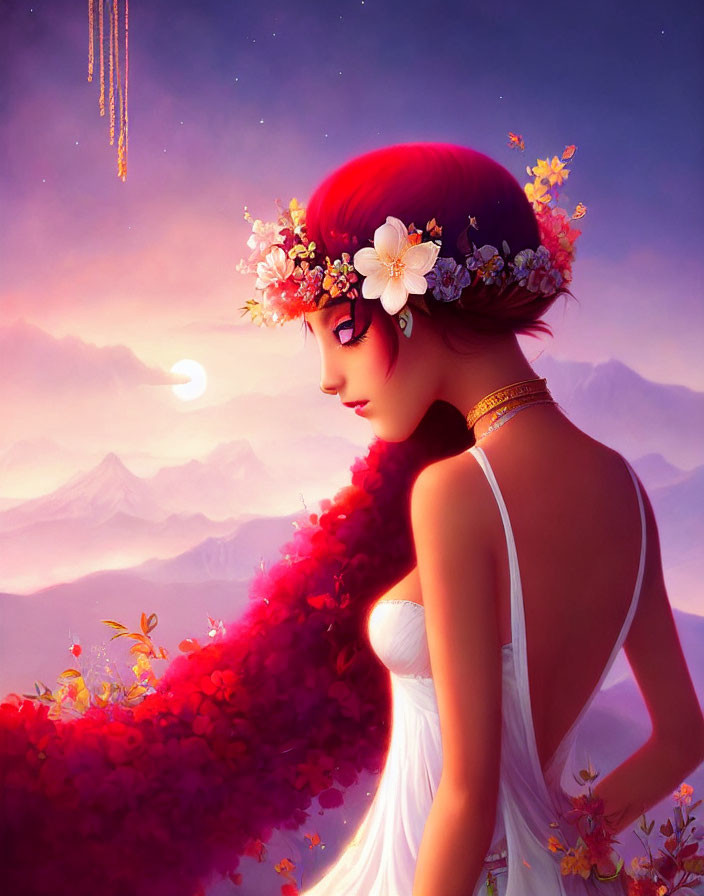 Woman with vibrant floral headpiece and red flowing hair in dreamy landscape at dusk