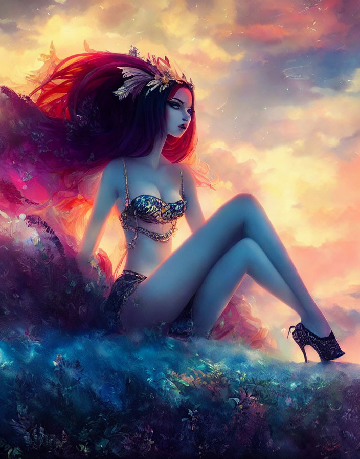 Fantasy art: Vibrant red-haired woman in dream-like scenery