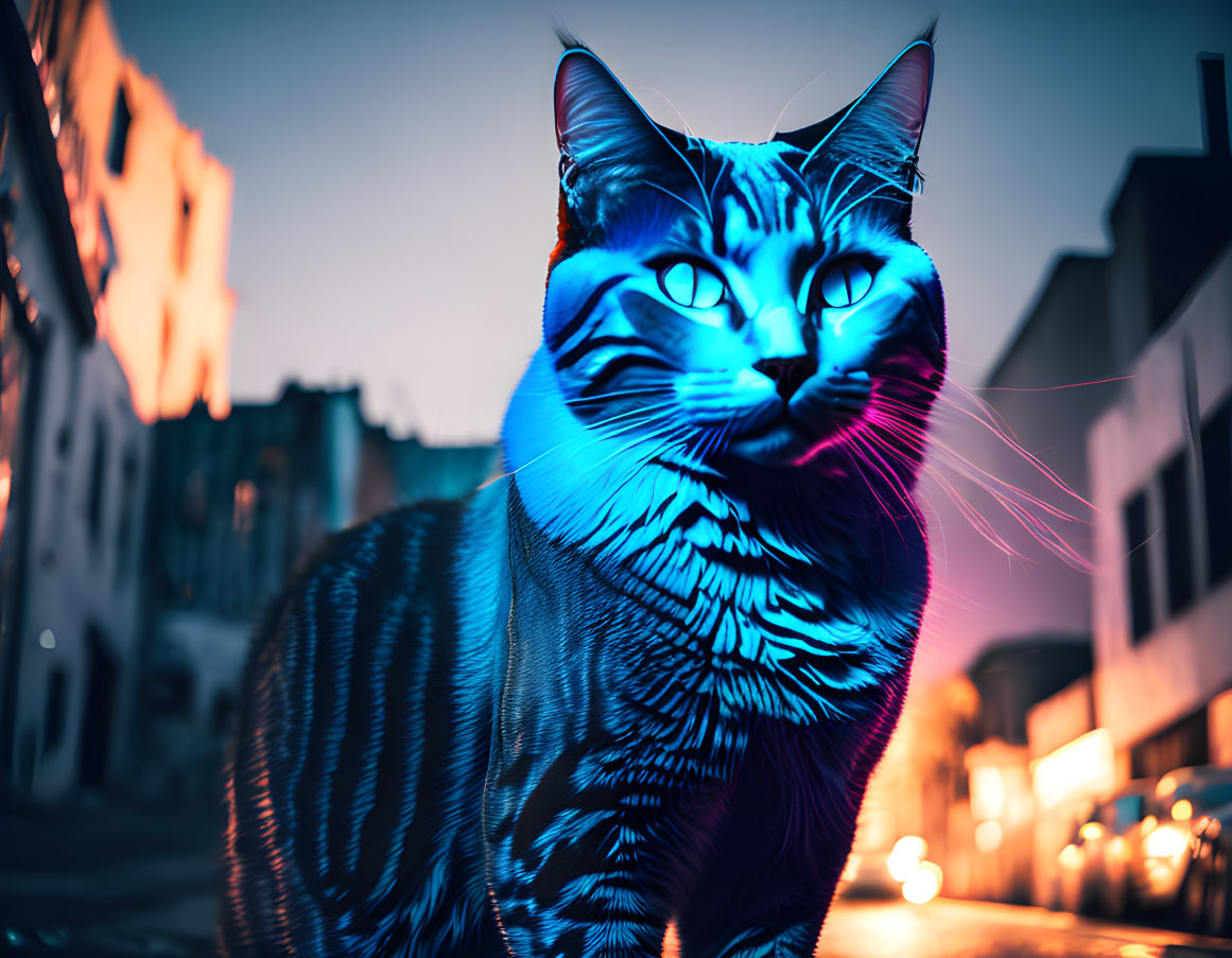 Vivid Neon Blue and Purple Cat in Digital Art on City Street Background