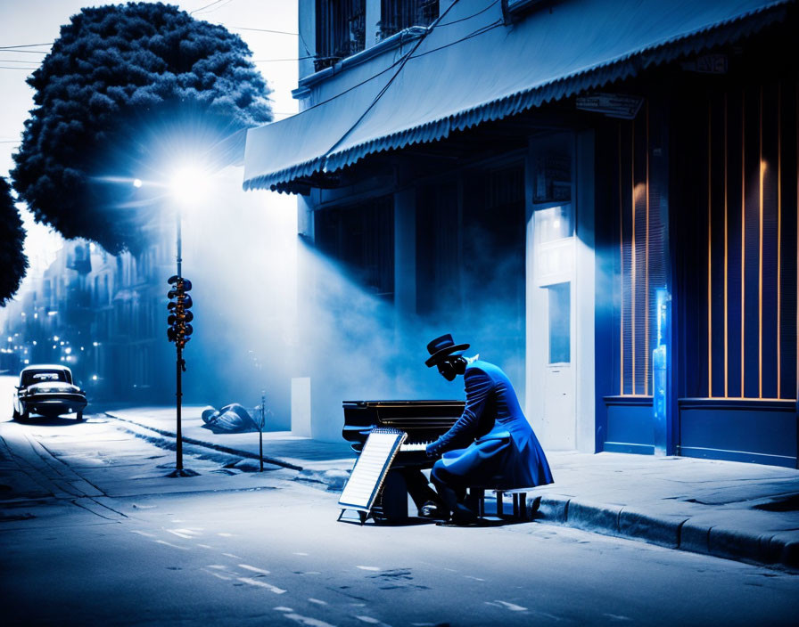 Person in blue suit playing grand piano on foggy street corner at night with vintage car.