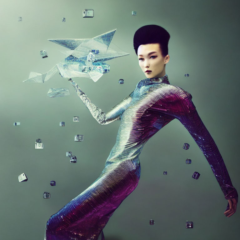 Futuristic woman in metallic dress with origami bird on green background