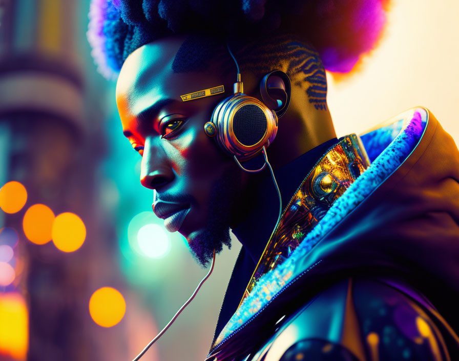 Digital artwork: man with afro hair in headphones, futuristic jacket, vibrant bokeh background