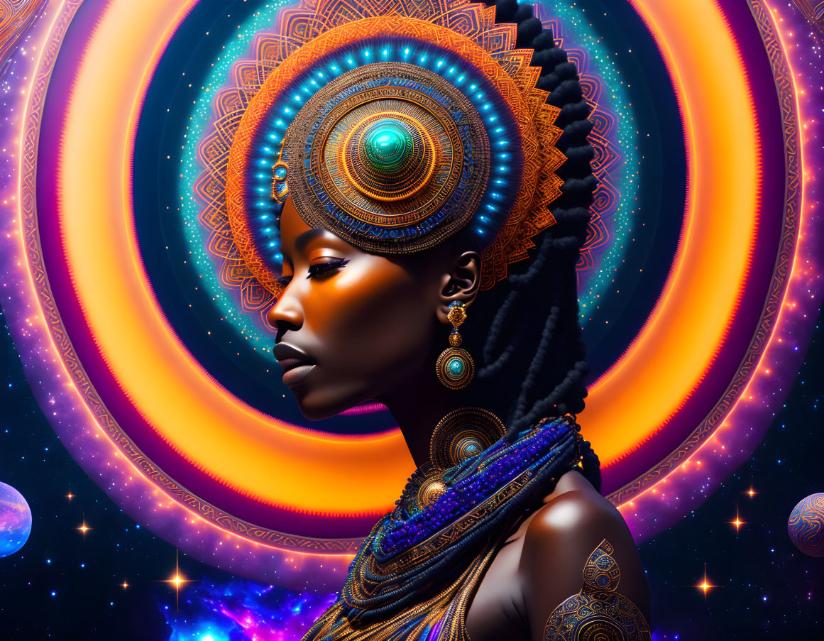 African woman in profile with intricate jewelry on cosmic background