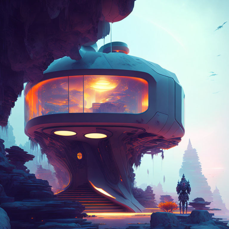 Futuristic hanging structure under rock in alien landscape