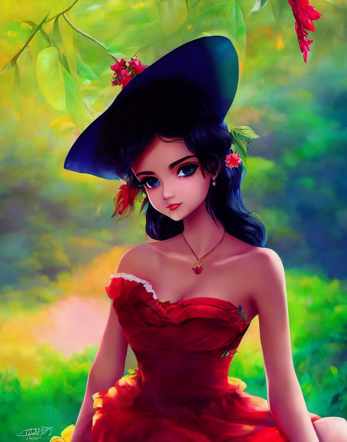 Illustrated character with blue eyes and dark hair in red dress and blue hat in colorful natural scene