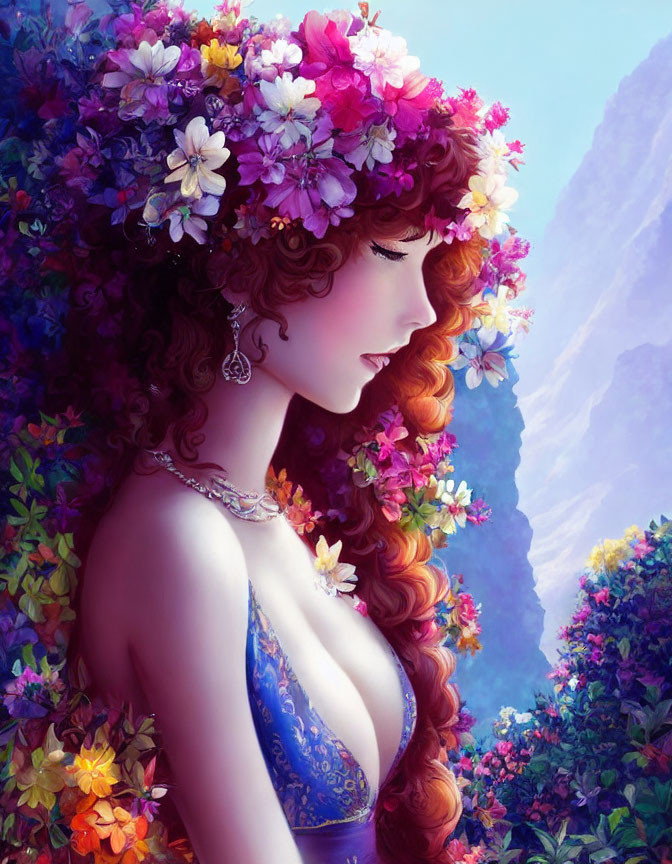 Illustrated Woman with Floral Crown and Red Hair in Blue Dress Among Vibrant Flowers