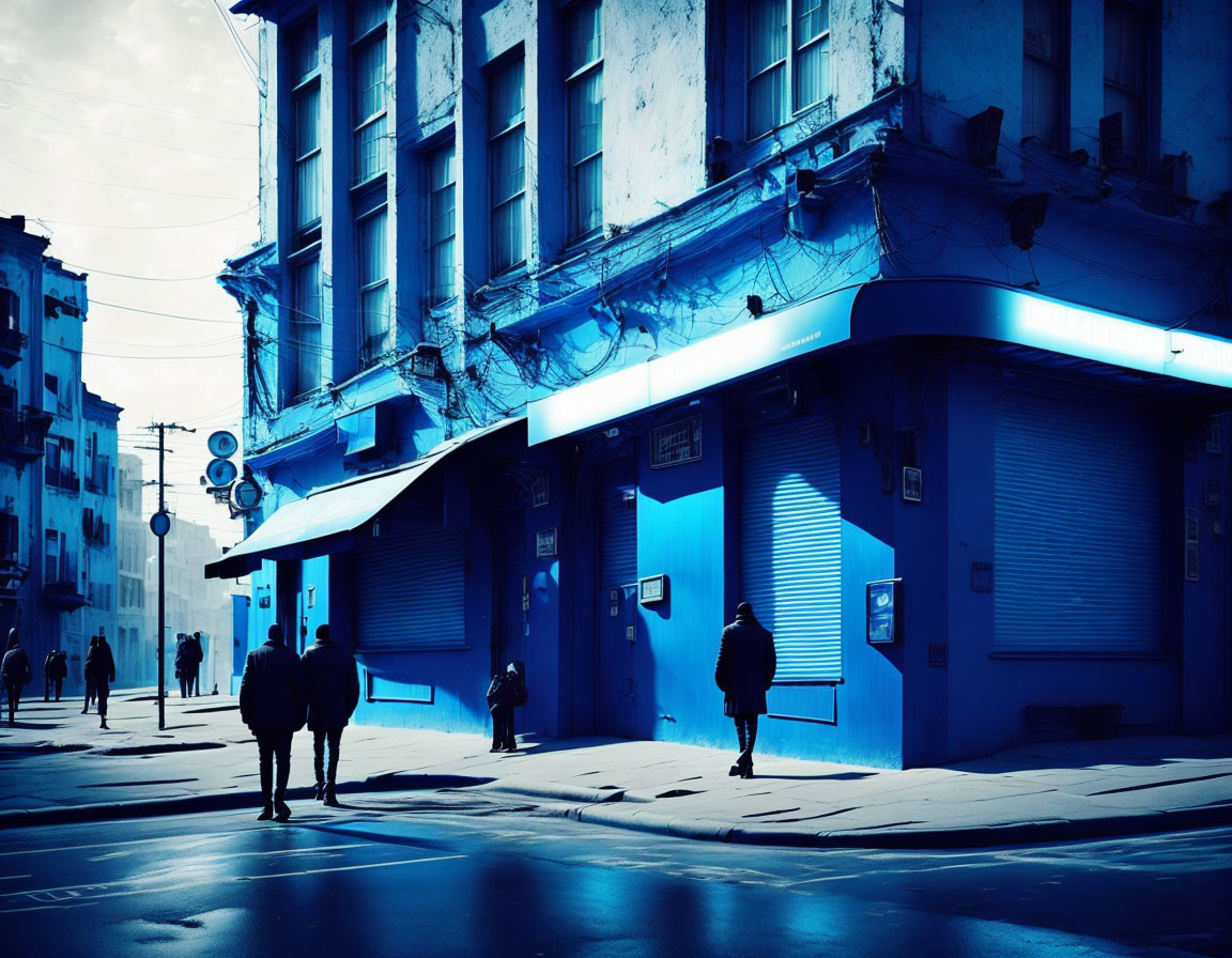 Urban street scene at twilight with pedestrians and blue neon lights