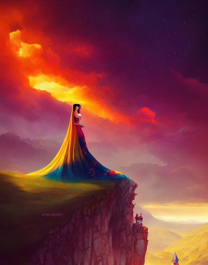 Colorful surreal illustration of woman in flowing gown above cliff at sunset.