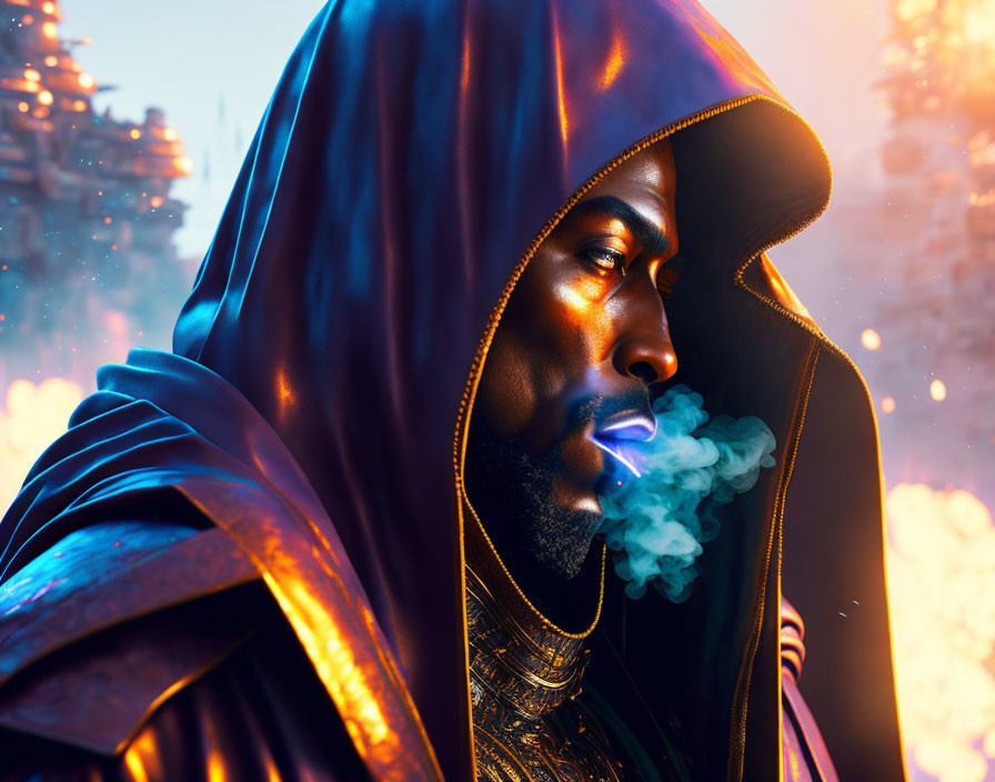 Person in Hooded Cloak Exhaling Smoke on Golden Bokeh Background