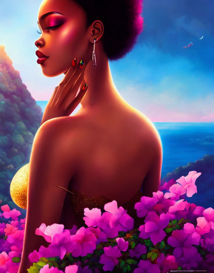 Stylized portrait of woman with radiant skin among pink flowers and colorful sky