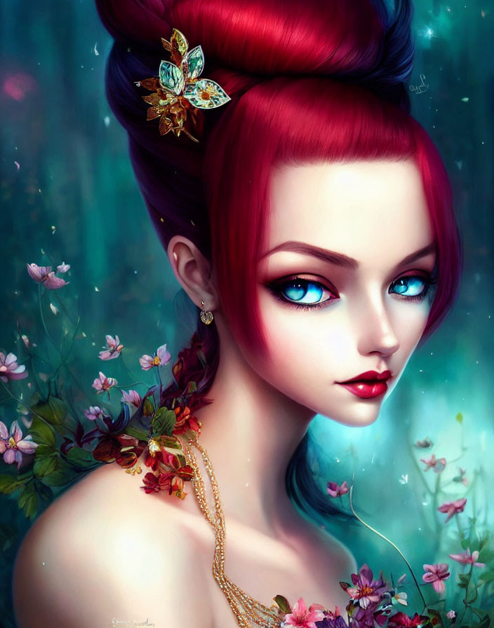 Digital artwork: Woman with vibrant purple hair and blue eyes, adorned with floral and butterfly accessories in lush