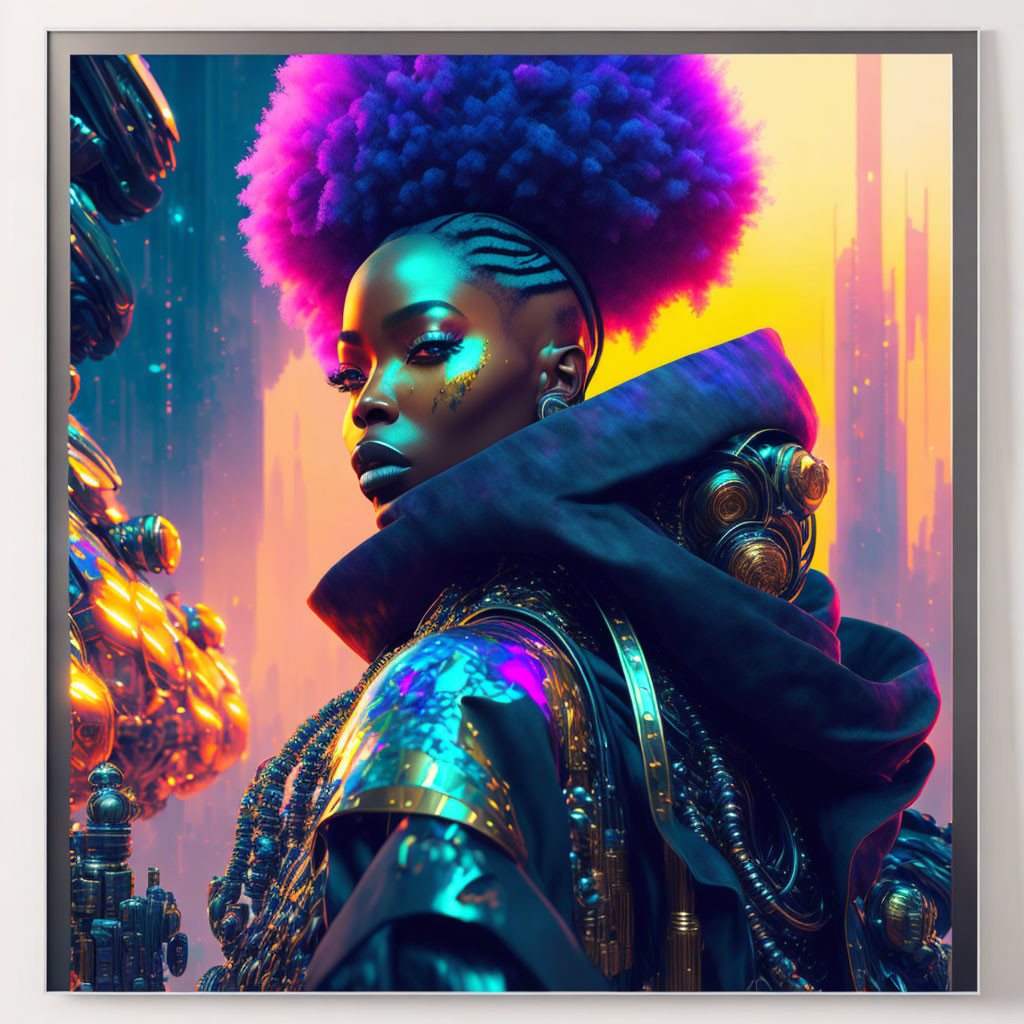 Futuristic portrait of a woman with purple afro hair and cybernetic face markings